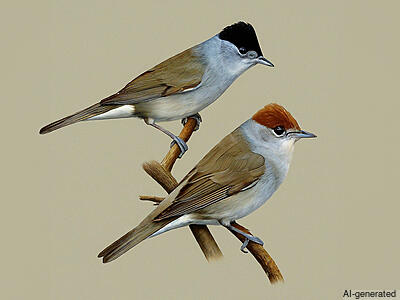 Eurasian Blackcap (Sylvia atricapilla) - Adult male and female